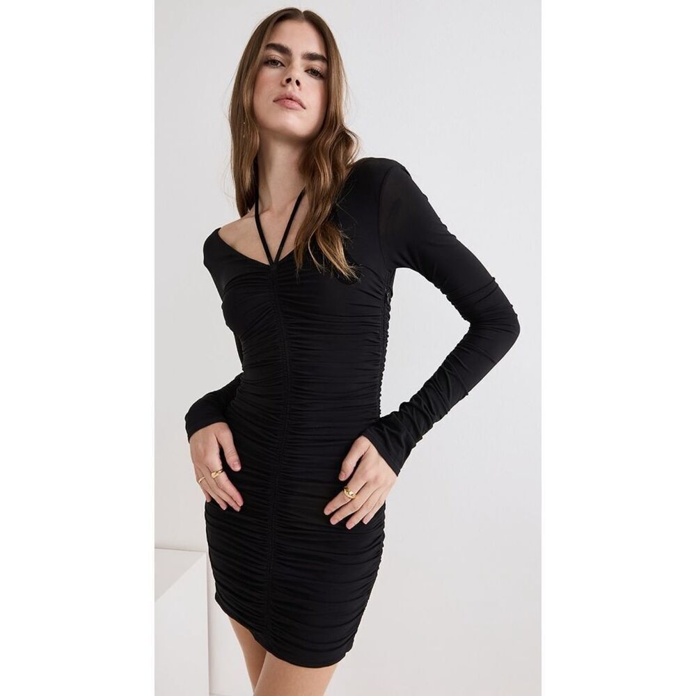 A.L.C. Black Ruched Bodycon Mini Dress Long‎ Sleeve Halter Neck Medium $495 NWT